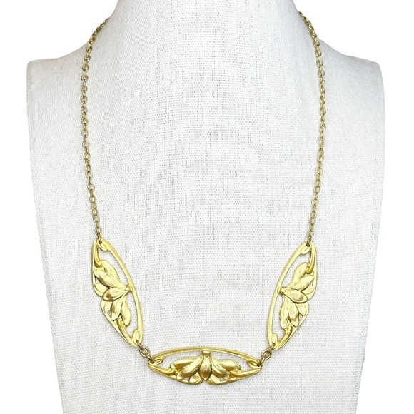 Vintage Art Nouveau Gold Tone Lotus Necklace - Picture 1 of 7